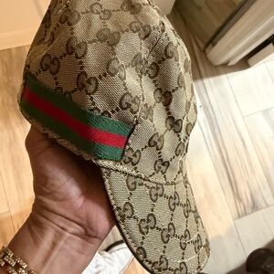 Gucci Tan Monogram Cap with Green and Red Stripe